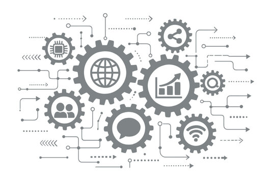 Technology mechanism abstract concept. Integrated gears with icons for digital strategy, internet, network, connect, communicate, social media, business growth and analytics vector.