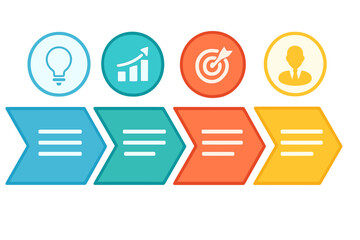 Business process infographic template. Vector timeline diagram with 4 steps and flat icons. Concept of workflow, from idea and growth to goal and business success.