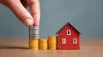 Hand Placing Coins on Stack Next to Small Red House Representing Financial Investment and Savings in Real Estate Market Growth with Focus on Prosperity and Wealth Accumulation