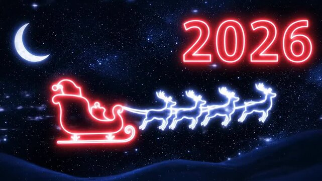 Happy new year. Sleigh with Santa Claus and reindeer riding over the starry sky with letters 2026 and fireworks