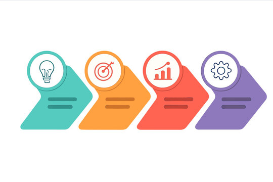 Infographic template with 4 steps. Business process diagram. Workflow or timeline with colorful arrows. Concept of strategy, idea, goal, growth, and development. Vector.