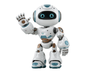 Cute friendly AI robot waving hand, cheerful and futuristic mascot. technology element on an isolated background, friendly bot with happy expression