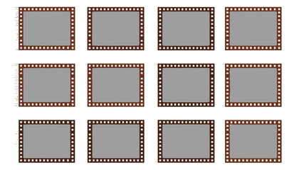 Large vector set of vintage film frames. Collection of 12 empty brown film strips in VistaVision format. Retro cinematic storyboard layout with perforated movie borders.