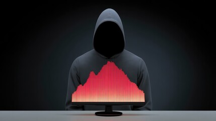 Mysterious Figure in Hoodie with Graph Display on Monitor Emphasizing Data Analysis, Technology, and the Intersection of Identity and Digital Trends in a Dark Setting