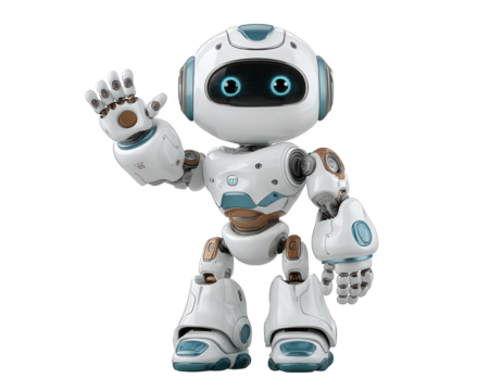 Cute friendly AI robot waving hand, cheerful and futuristic mascot. technology element on an isolated background, friendly bot with happy expression