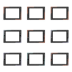 Vector set of 9 vintage film strip frames. Retro photo border collection. Grunge movie negative template with sprockets. Old photographic cinema slide for design element.