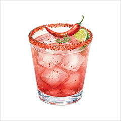 Watercolor Spicy Red Cocktail with Chili Salt Rim on White Background 