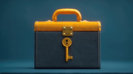 Vintage style box with wooden handle and antique key on blue background, ideal for themes of secrets, security, and treasure storage in various creative projects.