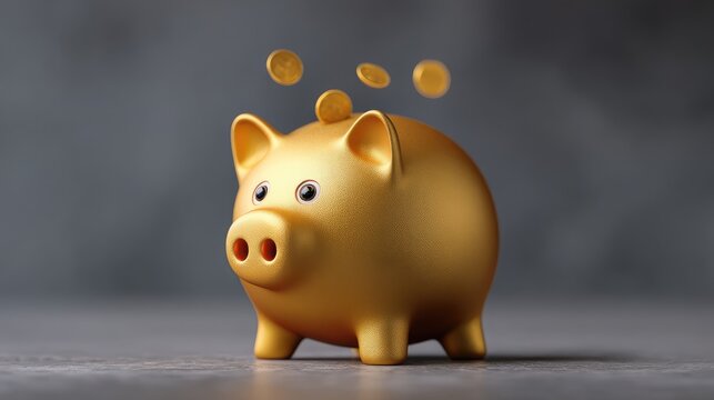 Golden Piggy Bank with Coins Dropping Into It: A Symbol of Savings and Financial Success for Personal Finance and Investment Concepts