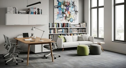 Stylish Modern Home Office Interior with Collaborative Lounge Zone for Creative Work and Enhanced Productivity