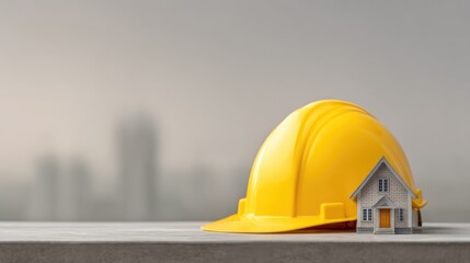Yellow Hard Hat with Miniature House Symbolizing Construction, Safety, and Real Estate Development Concepts in a Blurred Urban Background