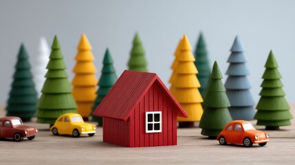 Colorful Model House Surrounded by Miniature Trees and Toy Cars Creating a Playful and Whimsical Scene for Children's Decor and Craft Ideas