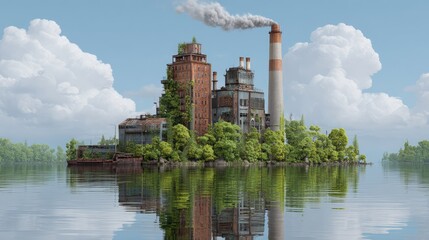 Abandoned Industrial Complex Surrounded by Lush Greenery and Calm Water Reflections Under a Bright Blue Sky with Fluffy Clouds Emphasizing Nature's Reclamation of Urban Space