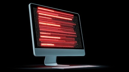 Modern computer displaying vibrant red lines of code on a dark background, illustrating digital technology, programming, and cybersecurity concepts, highlighting innovation and information flow.