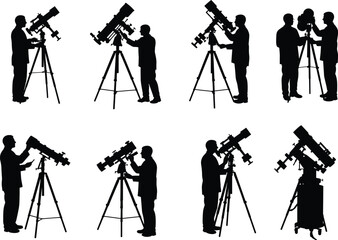 Telescope silhouette illustration, people observing sky with tripod-mounted scopes, black vector art, astronomy posture, scientific exploration scene, stargazing activity moment
