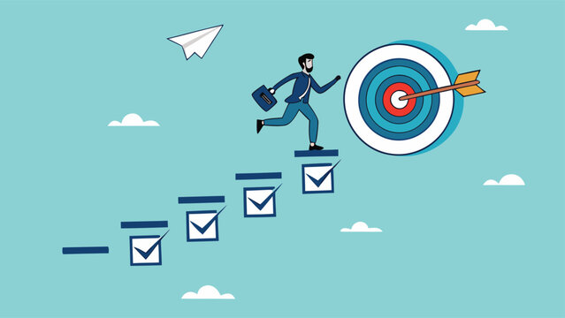personal development goals for work, train specific skills or competencies to achieve career success, self improvement or career growth, Businessman walk up checklist as a ladder to reach target

