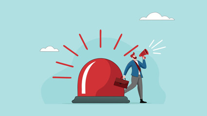 state of emergency declaration, provide emergency information to others as a precaution, warning about danger concept, businessman with megaphone giving instructions about current state of emergency

