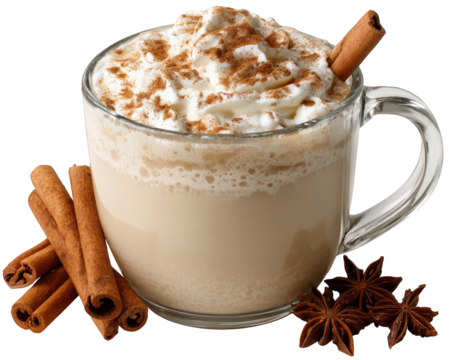 Warm, cozy pumpkin spice latte drink in clear glass mug with cinnamon stick. This seasonal beverage with whipped cream and spice evokes comforting autumn feelings