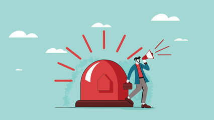 state of emergency declaration, provide emergency information to others as a precaution, warning about danger concept, businessman with megaphone giving instructions about current state of emergency

