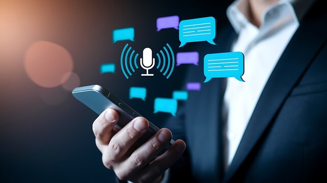 Man using AI voice assistant on smartphone with speech-to-text conversion and chatbot interface, representing smart technology, digital assistant and virtual communication.