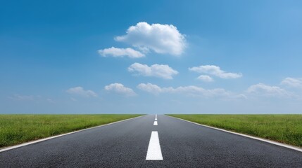 Fototapeta premium A Serene Highway Stretching into a Clear Blue Sky with Gentle Clouds Over Green Fields in the Background, Capturing a Sense of Calm and Freedom on the Open Road