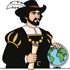 Cartoon illustration of a historical explorer or conquistador in period attire, holding a globe and a rolled map.