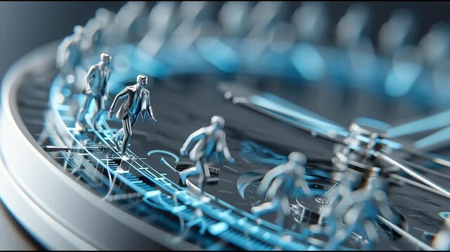 Concept of time management and business routine, metallic miniature business figures walking on clock face symbolizing work life and productivity  