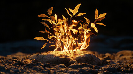Modern depiction of a white flame burning bush glowing with divine presence, symbolizing faith, resilience, and spiritual endurance as the bush burns brightly without being consumed.