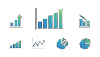Vector chart and graph icon set for business data analysis. Bar chart, pie chart, line graph symbols for infographic, presentation, report. Growth, decline, finance statistics.