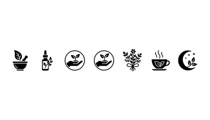 Herbal medicine and natural remedy vector icon set. Symbols for aromatherapy, homeopathy, and wellness. Includes mortar, pestle, essential oil, tea, and botanical elements.