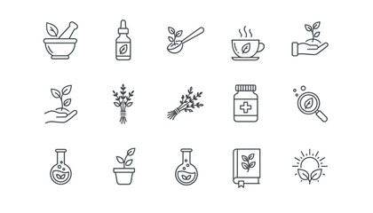 Herbal medicine thin line icon set. Vector symbols for naturopathy, homeopathy, alternative medicine, natural remedies, phytotherapy, botanical science, and organic products.