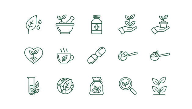 Herbal medicine thin line icon set. Naturopathy and alternative remedy symbols. Vector collection of natural supplements, organic tea, homeopathy pills, and phytotherapy.