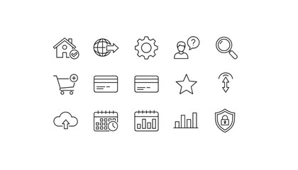 Web and e-commerce thin line icon set. Homepage, shopping cart, payment, search, and security symbols. UI UX graphic elements for website and mobile app design. Business vector icons.