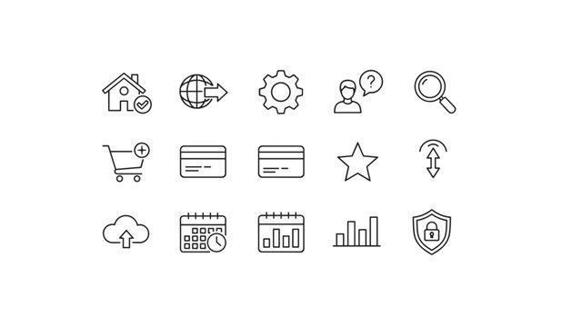 Web and e-commerce thin line icon set. Homepage, shopping cart, payment, search, and security symbols. UI UX graphic elements for website and mobile app design. Business vector icons.