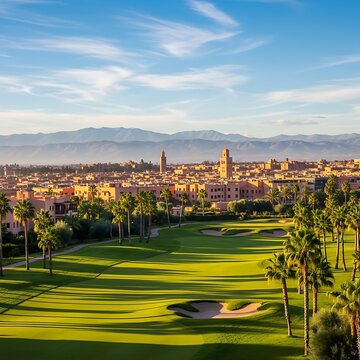 Marrakech Golf Course Vista - Palm Trees and City Skyline.