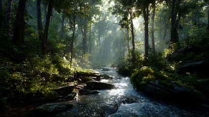 Obraz premium Sunlit forest stream glides over rocks, emerald foliage glows, misty rays filter through the trees