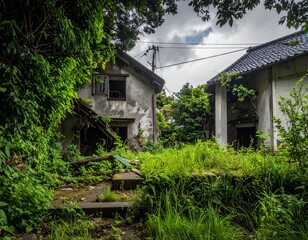 緑で覆われた古びた民家の廃墟