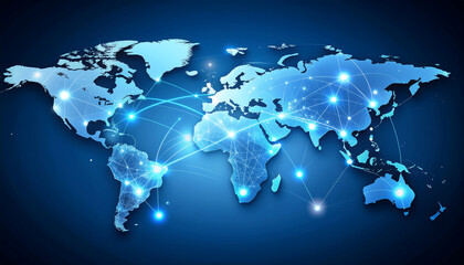 A world map illustration with glowing nodes and connecting lines, representing global network connections and data flow.