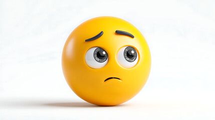 Fototapeta premium A sad yellow emoji ball with big eyes and curved brows rests on a bright white surface. under light