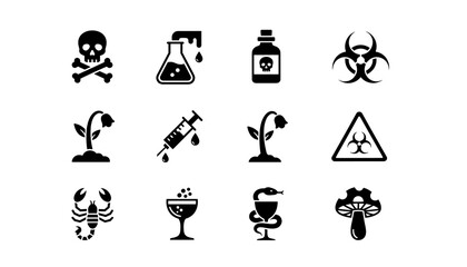 Poison and Toxic Symbols Vector Set, Hazard and Danger Icons Collection, Toxic Substance Warning Signs, Chemical Hazard Glyphs, Safety and Risk Vector Elements