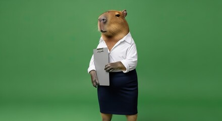 Professional Capybara Businesswoman on Green Screen Holding Clipboard Funny Anthropomorphic Office Executive Ready for Chroma Key