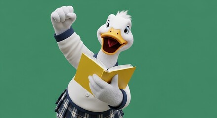 Enthusiastic Duck Mascot Cheering with Book Symbolizing Academic Success and Joyful Learning