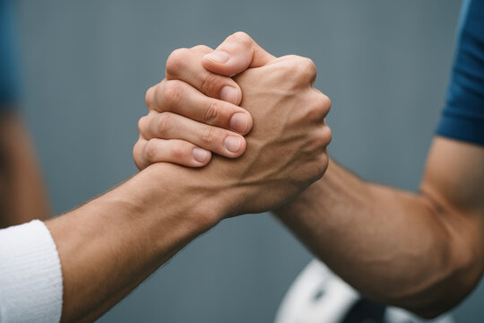 Two strong individuals engaging in an arm wrestling competition, close up of hands showing physical strength and determination