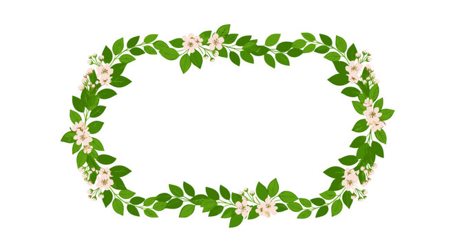 A delicate oval frame adorned with vibrant green leaves and soft pink blossoms creating a beautiful floral border.
