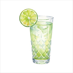 Watercolor Lime Wheel Cocktail in Diamond-Cut Glass on White Background
