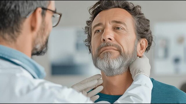 Doctor examining middle-aged man's neck and lymph nodes during medical checkup, thyroid or throat health assessment