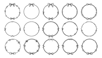 A collection of twelve unique circular frames with decorative bows and floral elements.