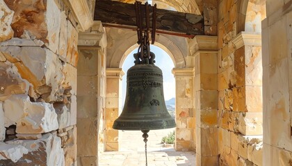 Obraz premium Antique Bell Tower, Historic Church, Damaged Architecture, Ancient Religious Structure, Decaying Stone Walls.