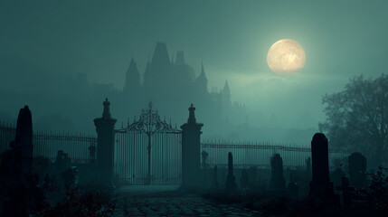 halloween castle in the night. spooky ghothic mansion with fog and moonlight