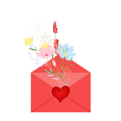A red envelope with a red heart, filled with colorful wildflowers in pink, yellow, blue, and red.